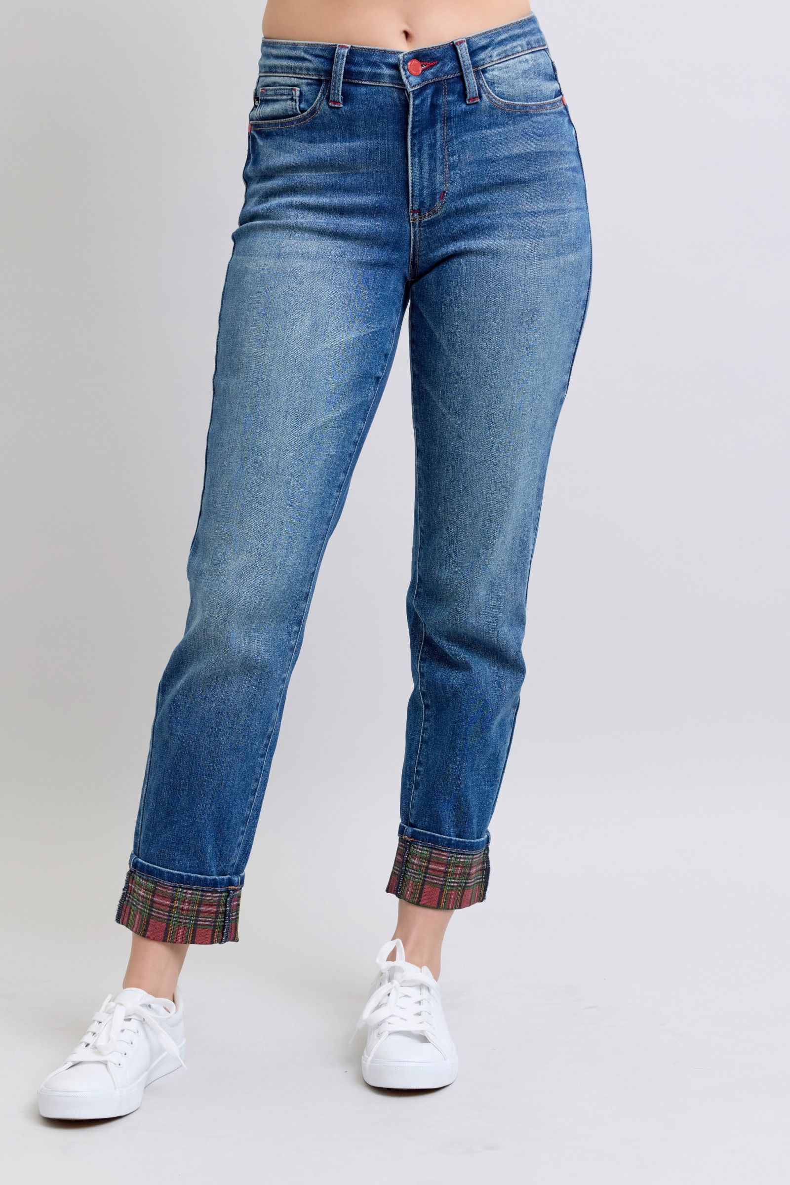 Plaid Print Cuff Straight Leg Jeans with Pockets (JUDY BLUE)
