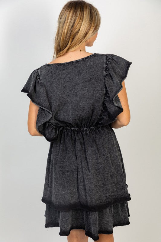 Short Flutter Sleeve Solid Knit Dress in Black