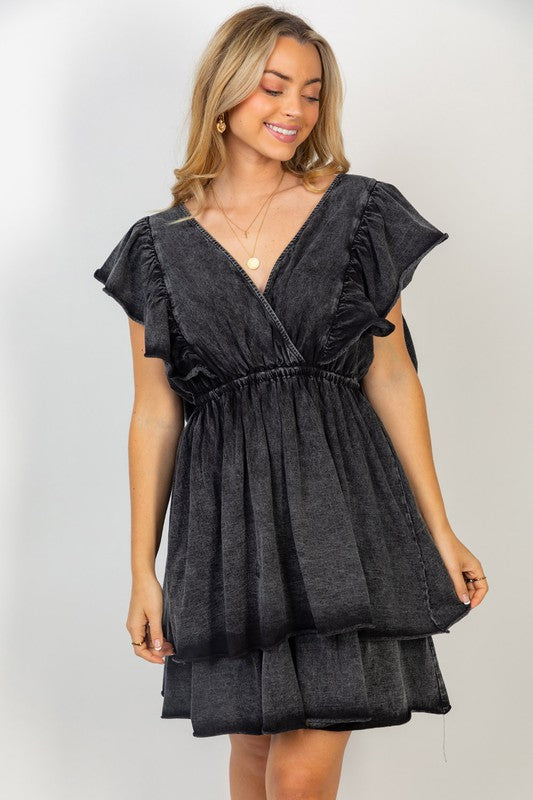 Short Flutter Sleeve Solid Knit Dress in Black