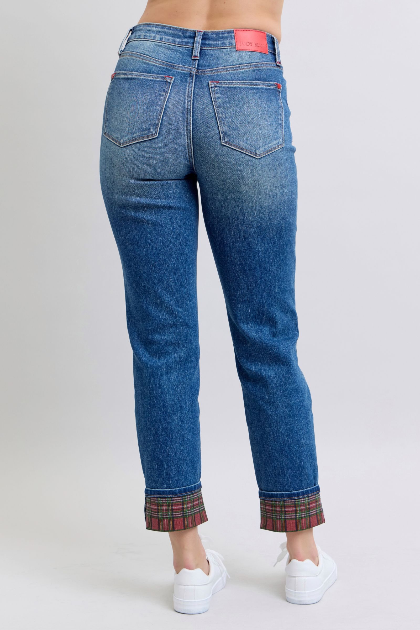 Plaid Print Cuff Straight Leg Jeans with Pockets (JUDY BLUE)