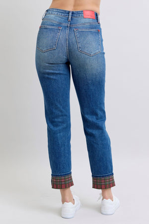 Plaid Print Cuff Straight Leg Jeans with Pockets (JUDY BLUE)