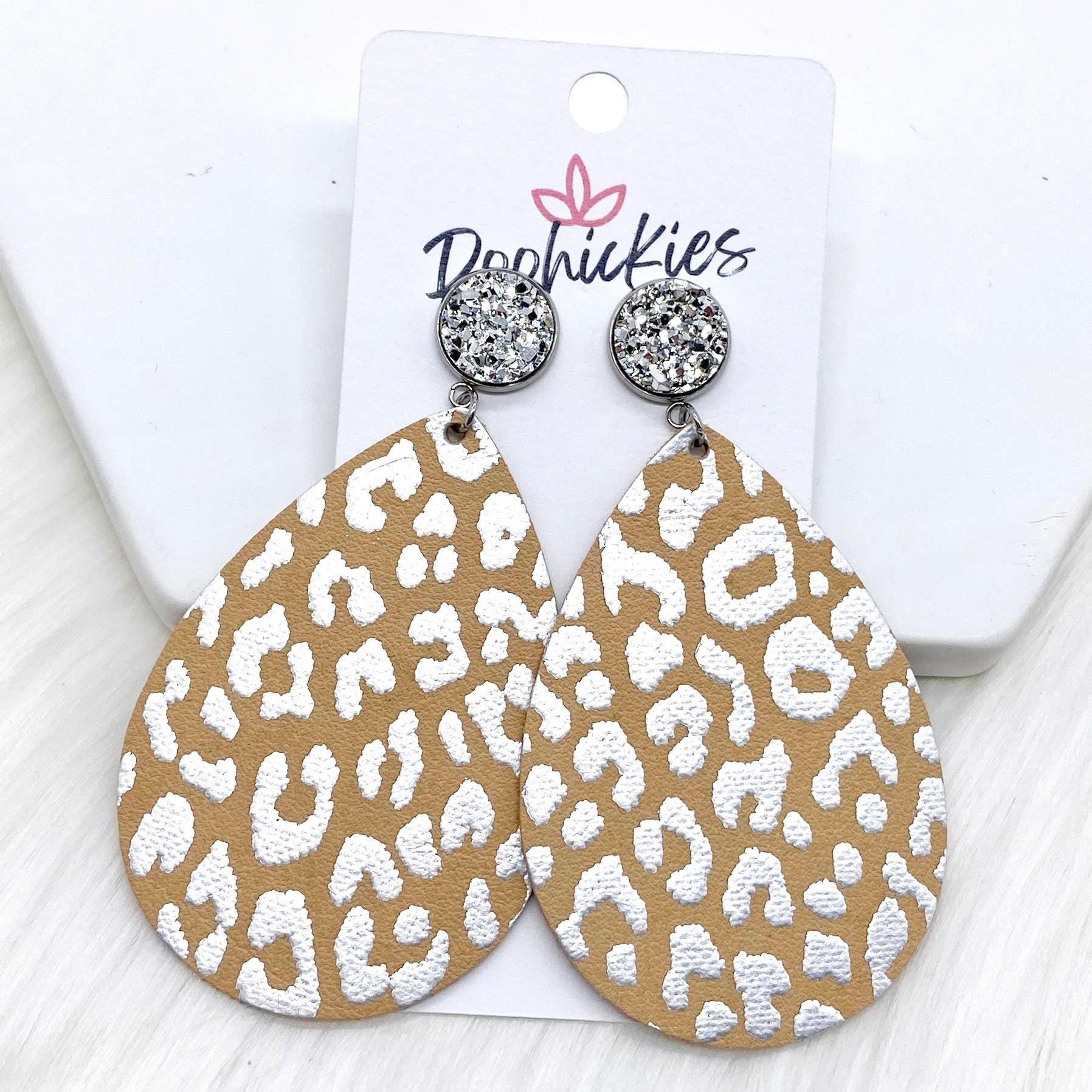 2.5" Silver & Metallic Silver Leopard on Nude Dangle Teardrops -Earrings