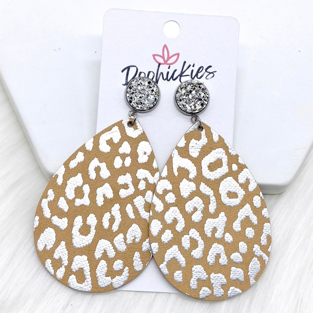 2.5" Silver & Metallic Silver Leopard on Nude Dangle Teardrops -Earrings