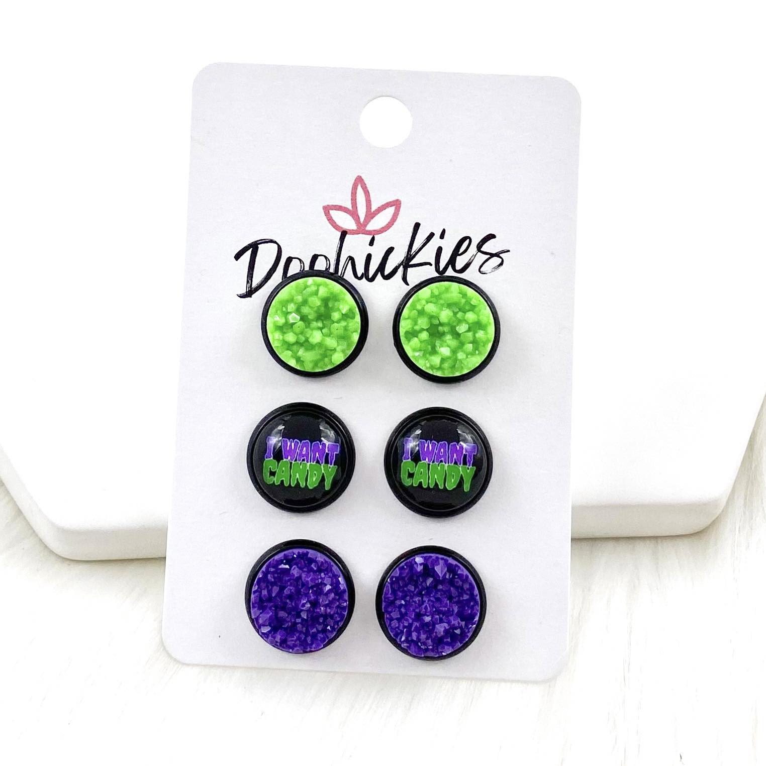 12mm Neon Green/I Want Candy/Grape in Black Settings - Halloween Earrings