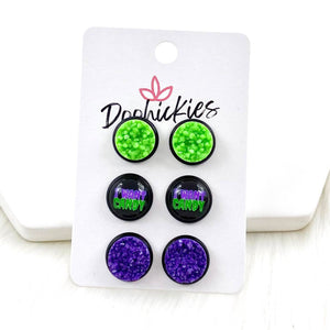 12mm Neon Green/I Want Candy/Grape in Black Settings - Halloween Earrings