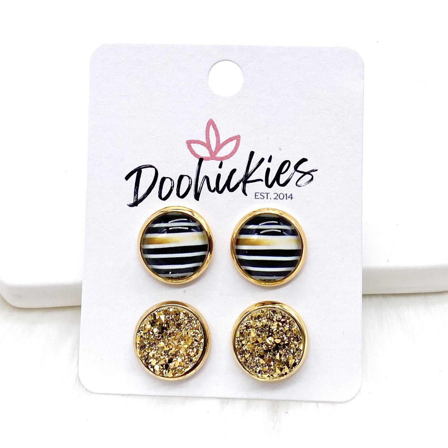 12mm Ombre Gold Stripe & Gold in Gold Settings - Stud Earrings