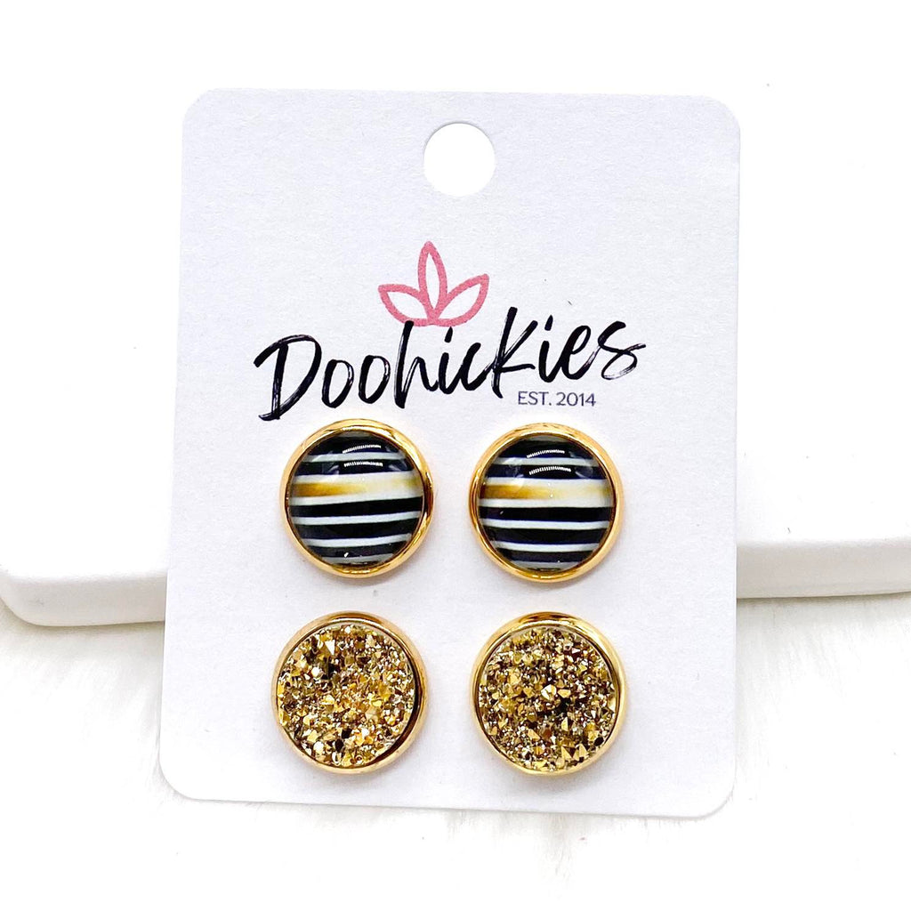 12mm Ombre Gold Stripe & Gold in Gold Settings - Stud Earrings