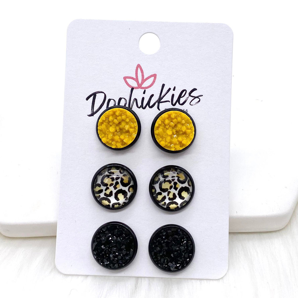 12mm Mustard/Mustard Leopard/Black in Black Settings -Fall Stud Earrings
