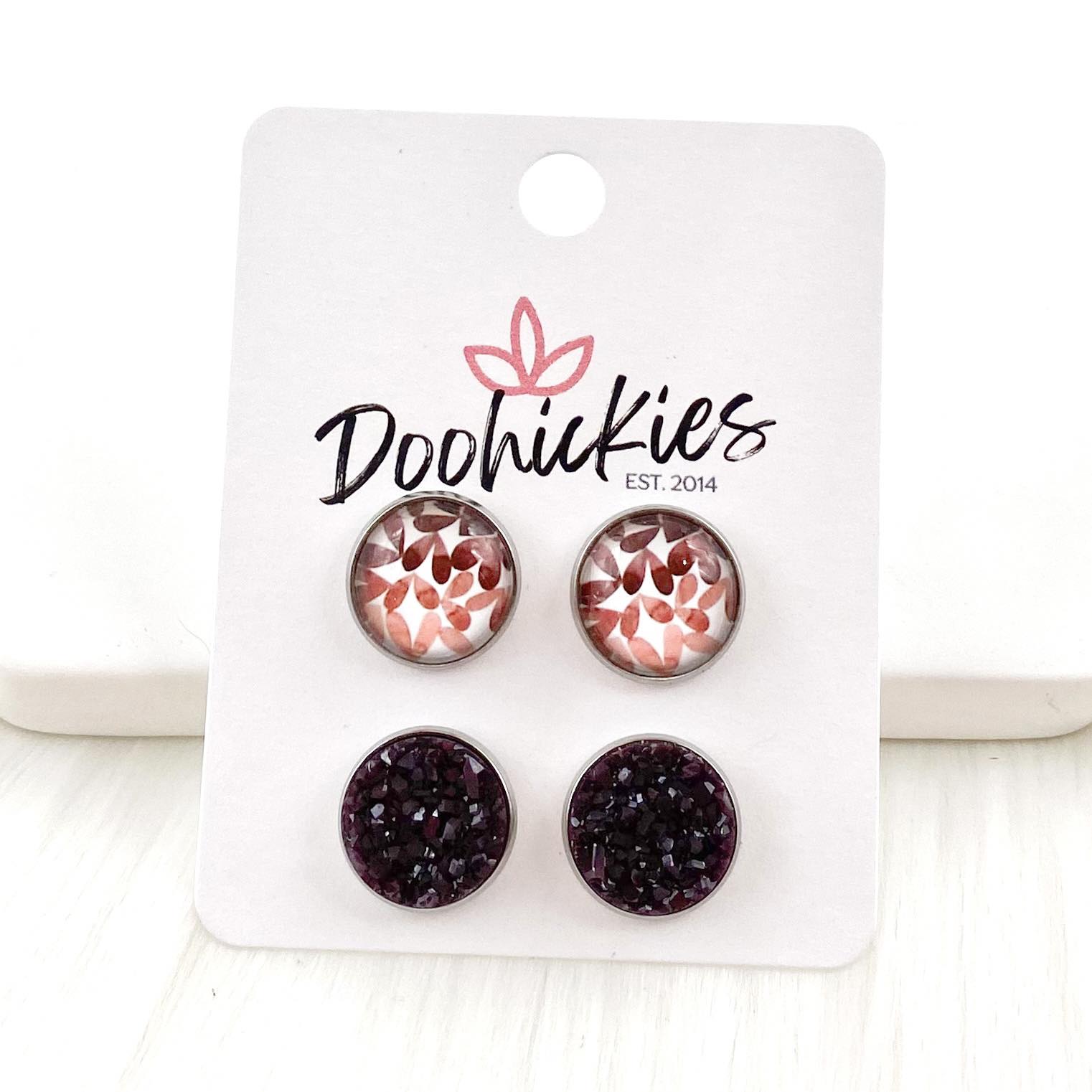 12mm Autumn Leaves & Black Cherry Crystals in Stainless Steel Settings -Fall Earrings