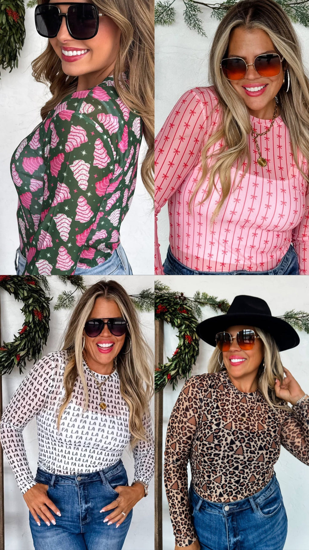 Christmas Printed Mesh Tops