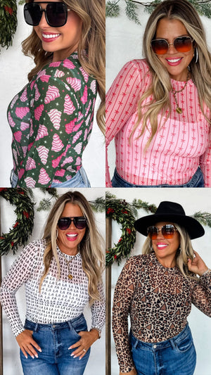 Christmas Printed Mesh Tops