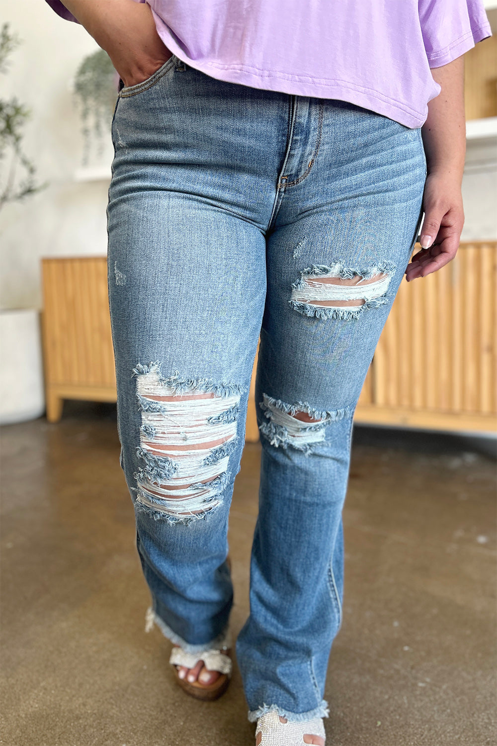 Judy Blue Distressed Raw Hem Bootcut Jeans