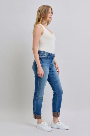 Plaid Print Cuff Straight Leg Jeans with Pockets (JUDY BLUE)