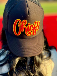 Red & Gold Chiefs Chenille Patch Trucker Cap by Randi Mahomes