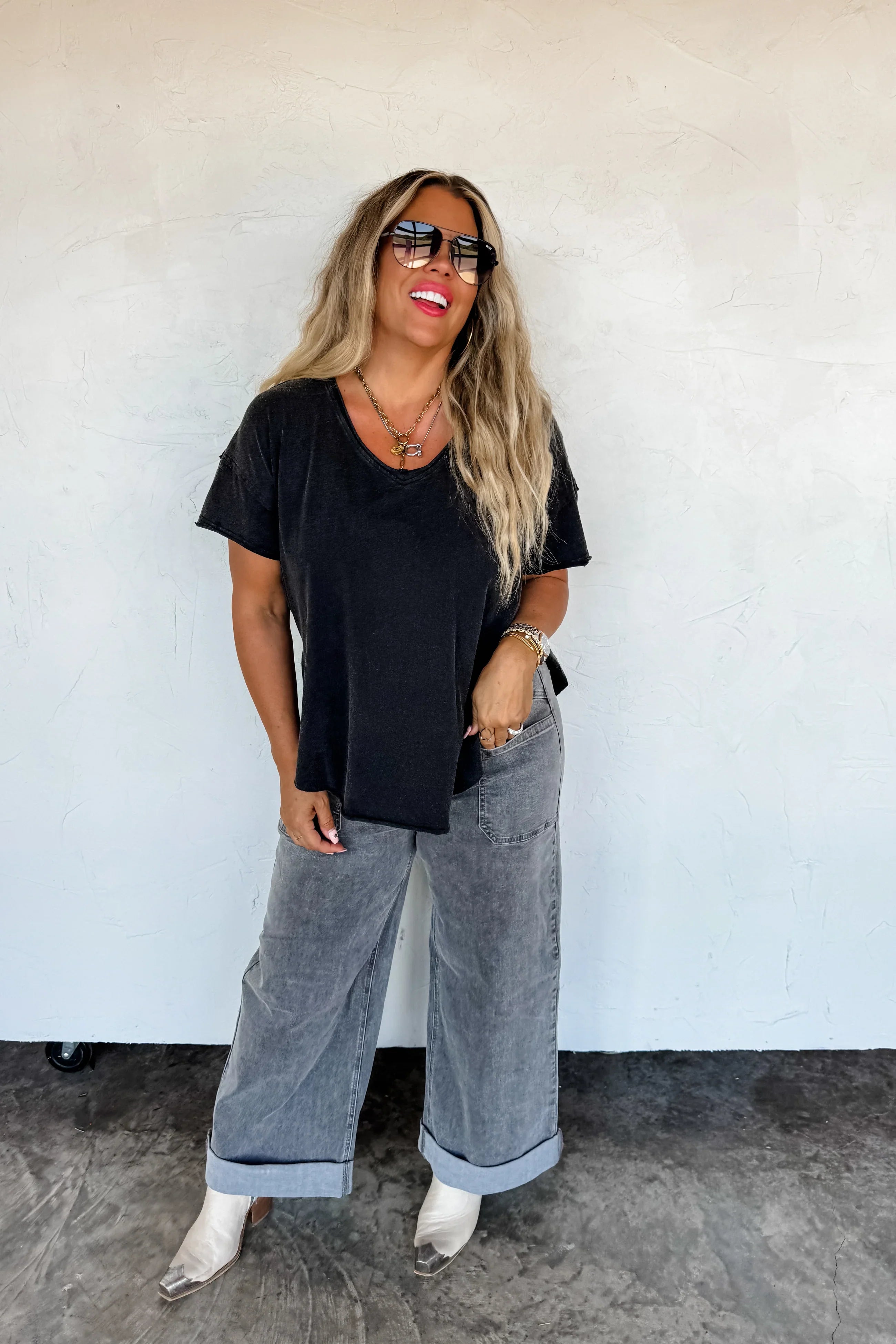Joey V-Neck Washed Cotton Boyfriend Tee