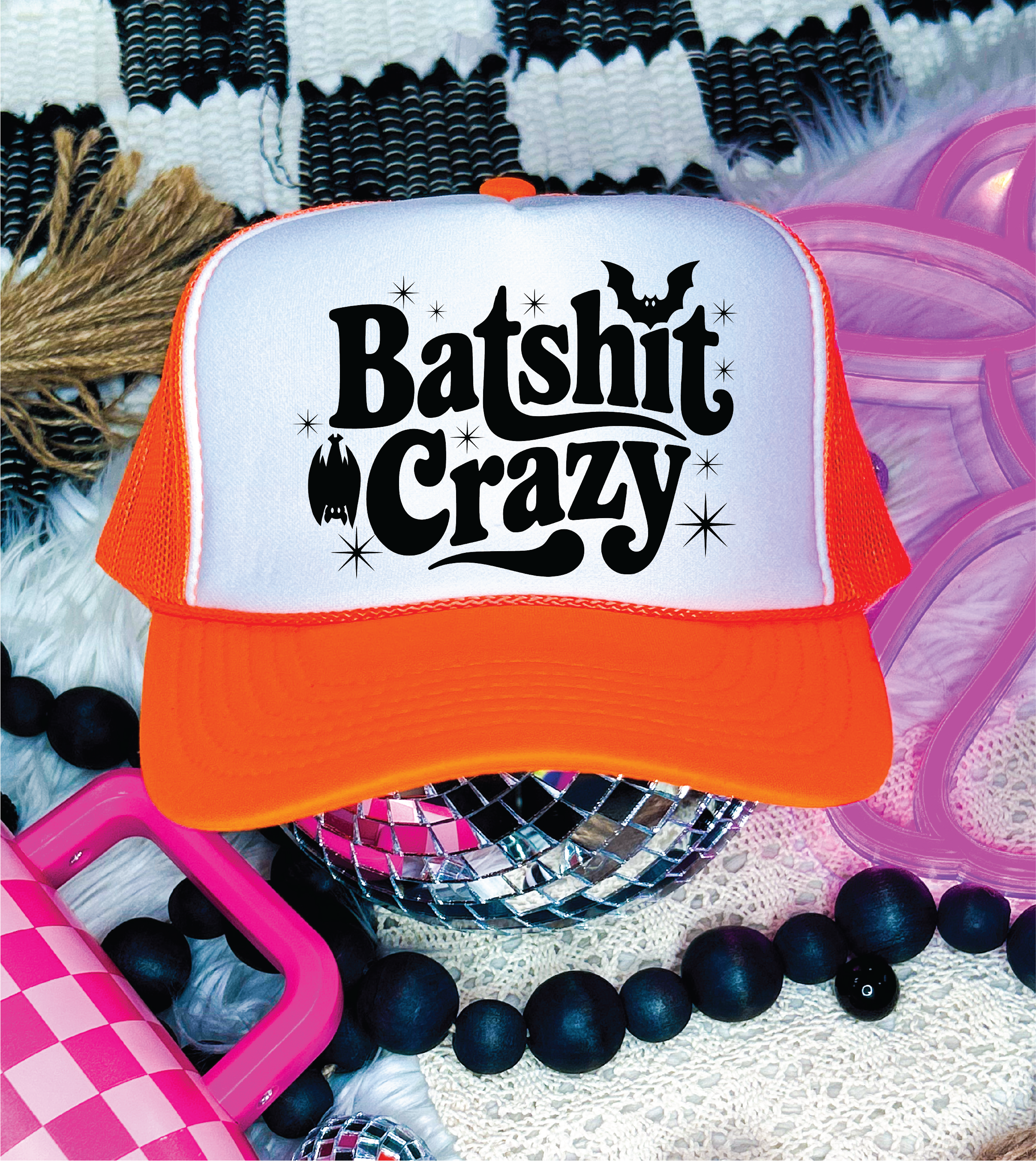 Bat Shit Crazy Neon Orange and White Trucker Hat