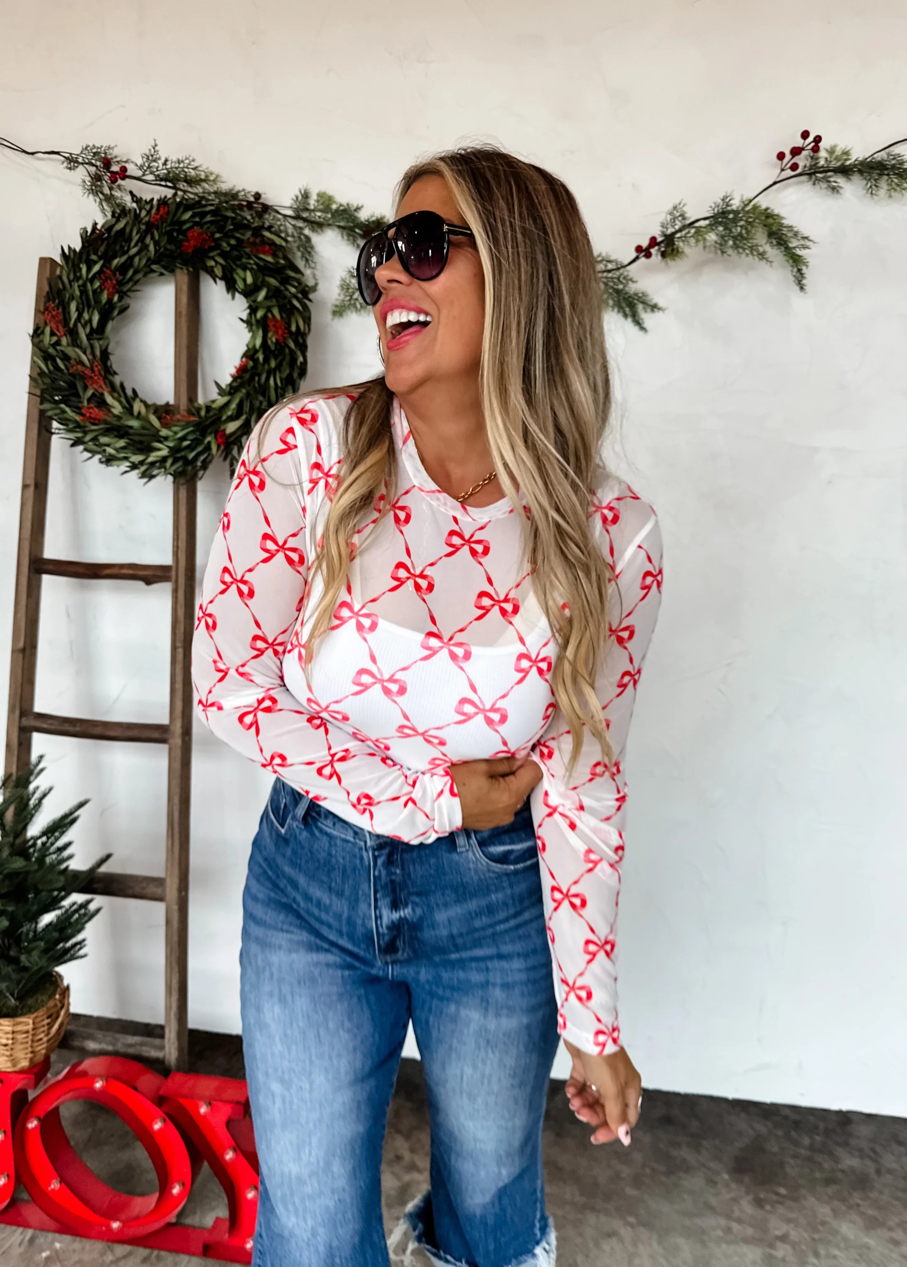 Christmas Printed Mesh Tops
