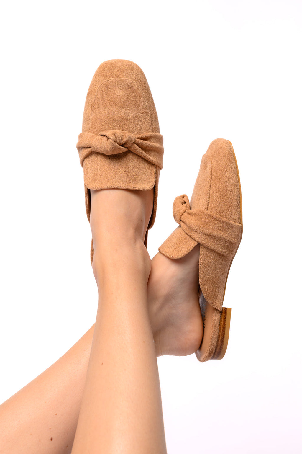 Clingy Mules in Camel Faux Suede