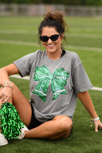 Green Faux Glitter Football Bow Tee