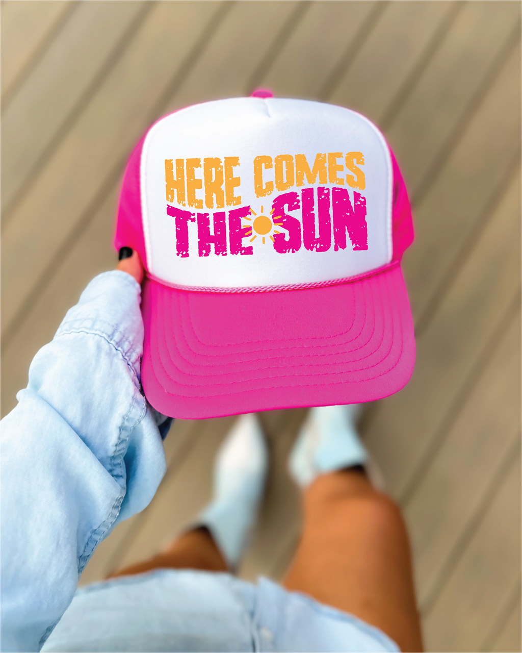 Here Comes The Sun Hot Pink and White Trucker Hat