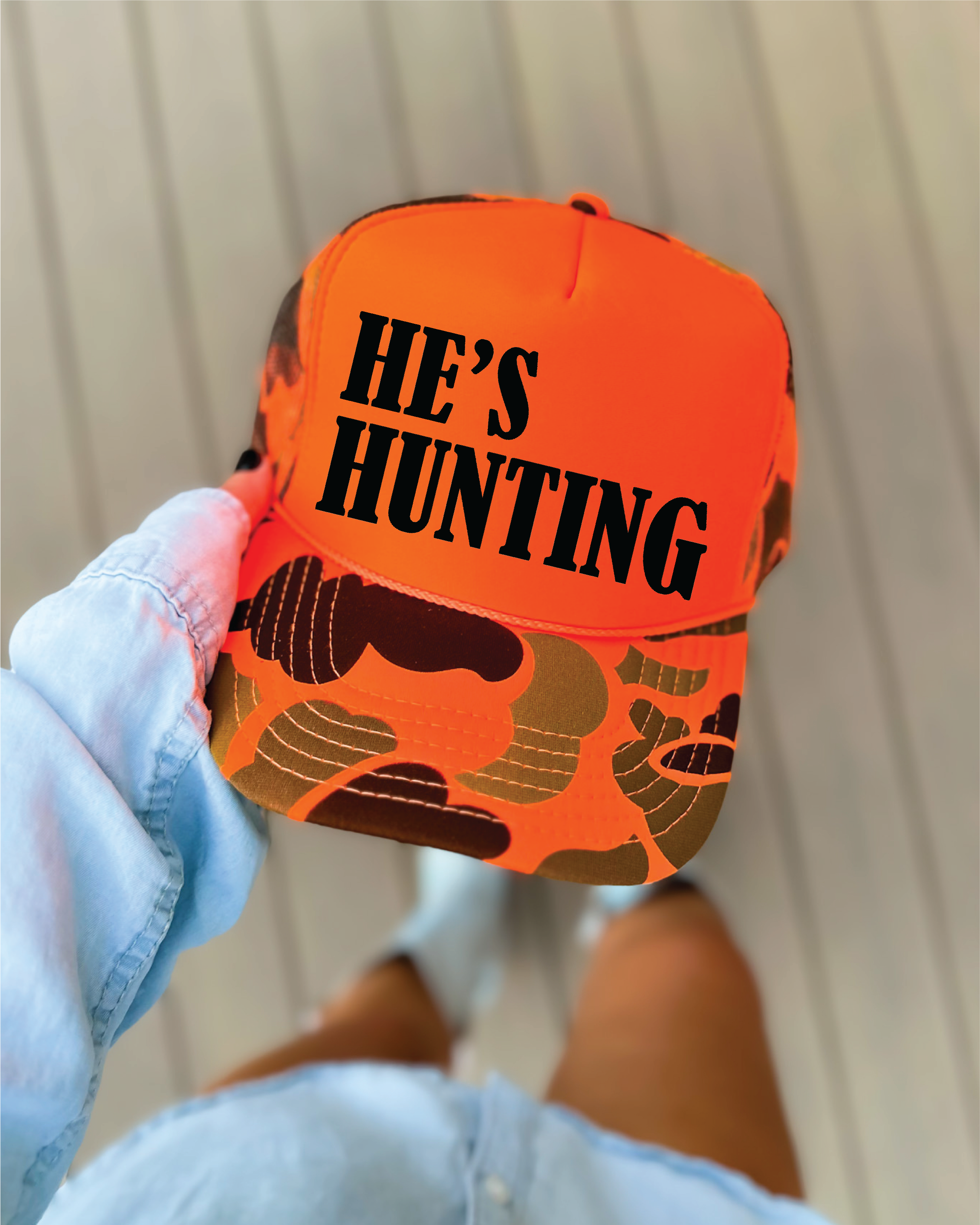 He's Hunting Orange Camo and Orange Trucker Hat