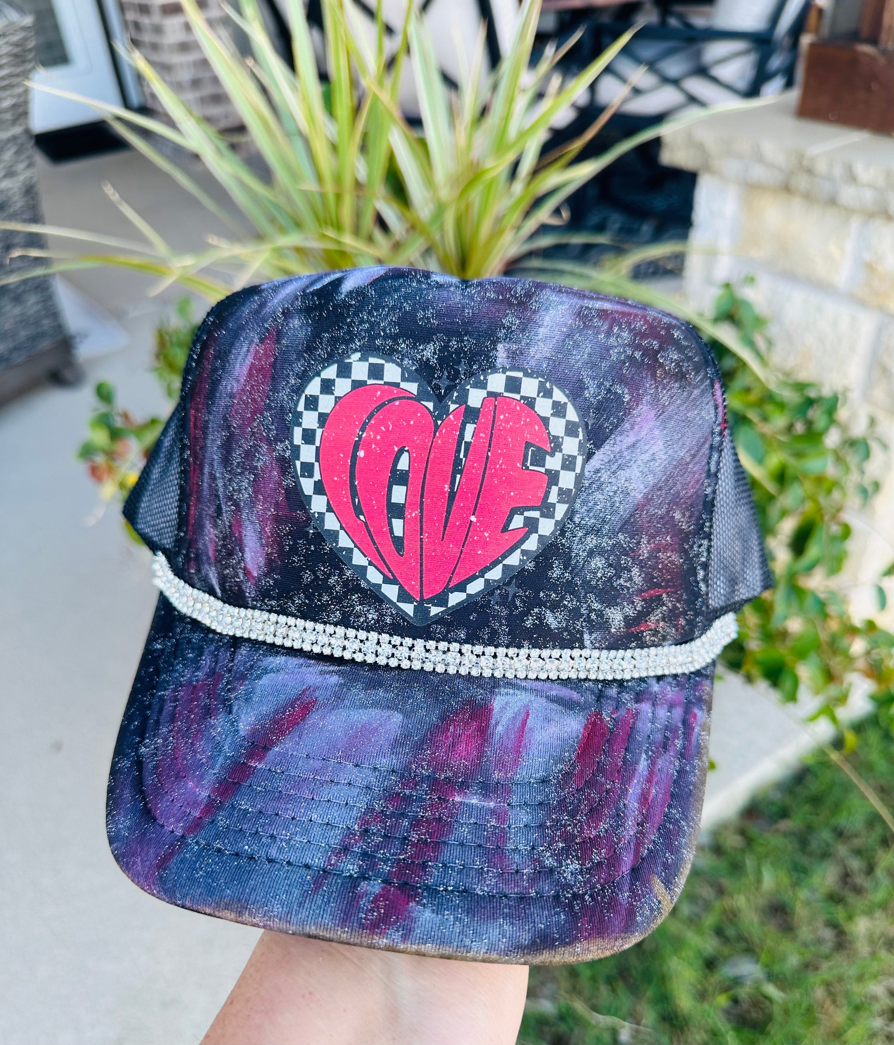 Love Checkered Painted Black Trucker Hat