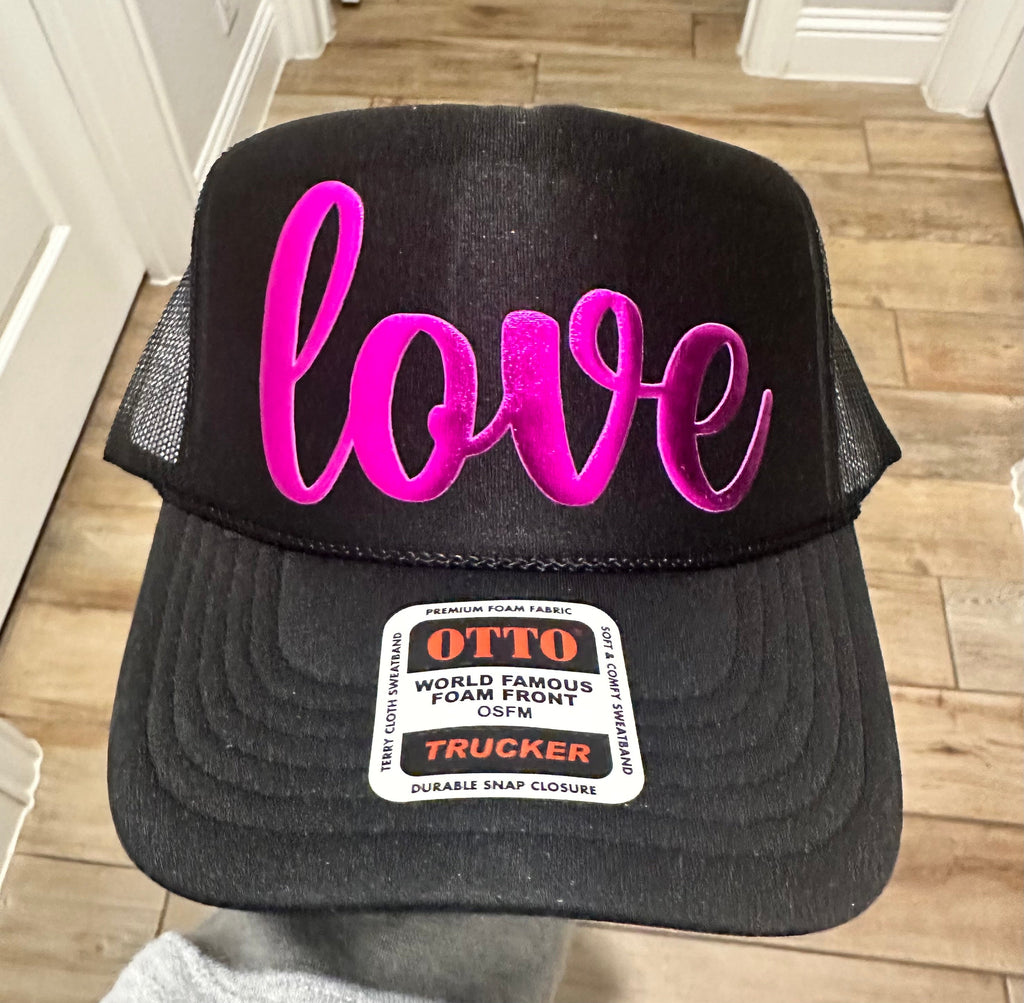 3D Puff Vinyl Love Metallic Pink on Black Foam Trucker Hat