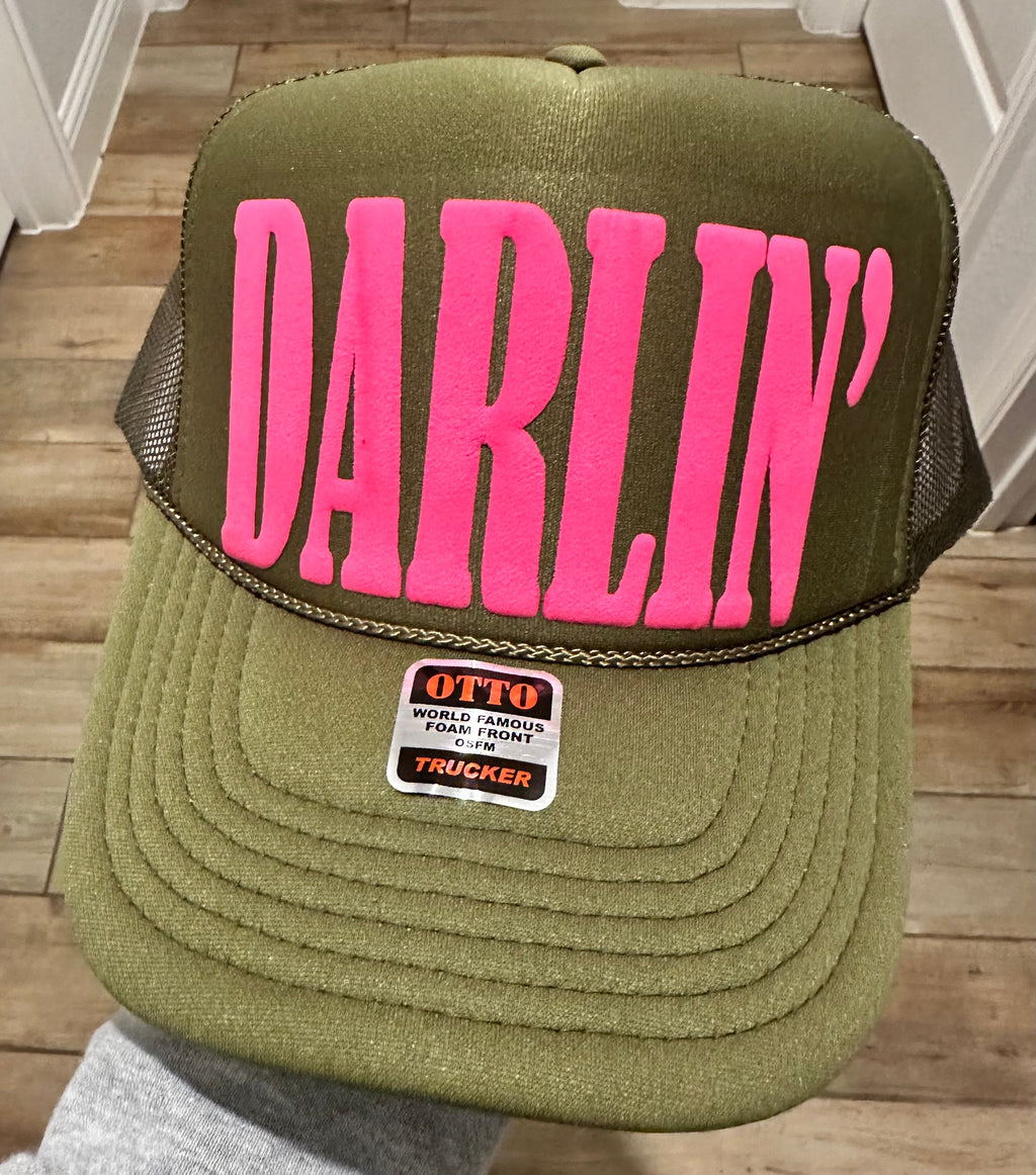 3D Puff Vinyl Darlin Neon Pink on Olive Foam Trucker Hat