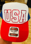 USA In Red Metallic Puff Vinyl Printed Red/White/Blue Trucker Hat