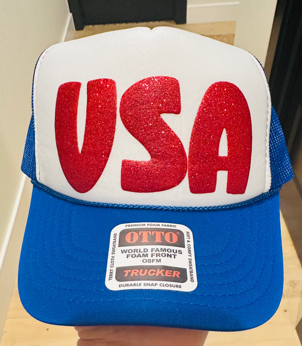 USA In Red Glitter Puff Vinyl Printed Royal Blue and White Trucker Hat