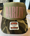 Darlin in Brown Puff Vinyl on Camo and Olive Foam Trucker Hat
