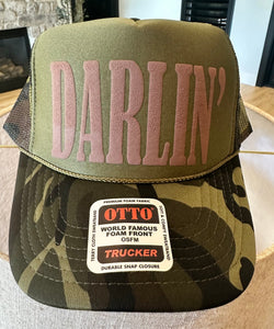 Darlin in Brown Puff Vinyl on Camo and Olive Foam Trucker Hat