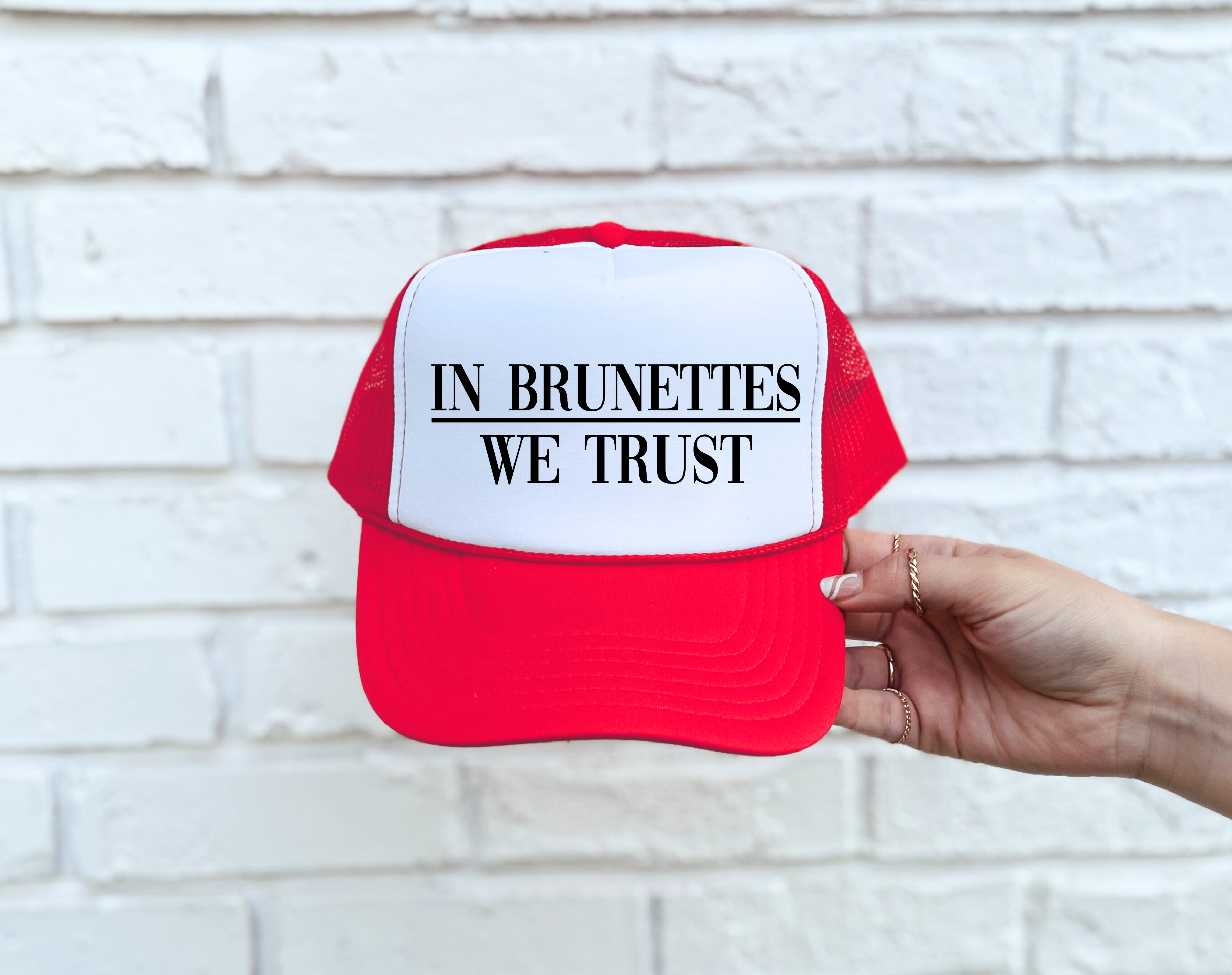 In Brunettes We Trust Red & White Trucker Hat