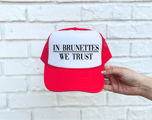 In Brunettes We Trust Red & White Trucker Hat