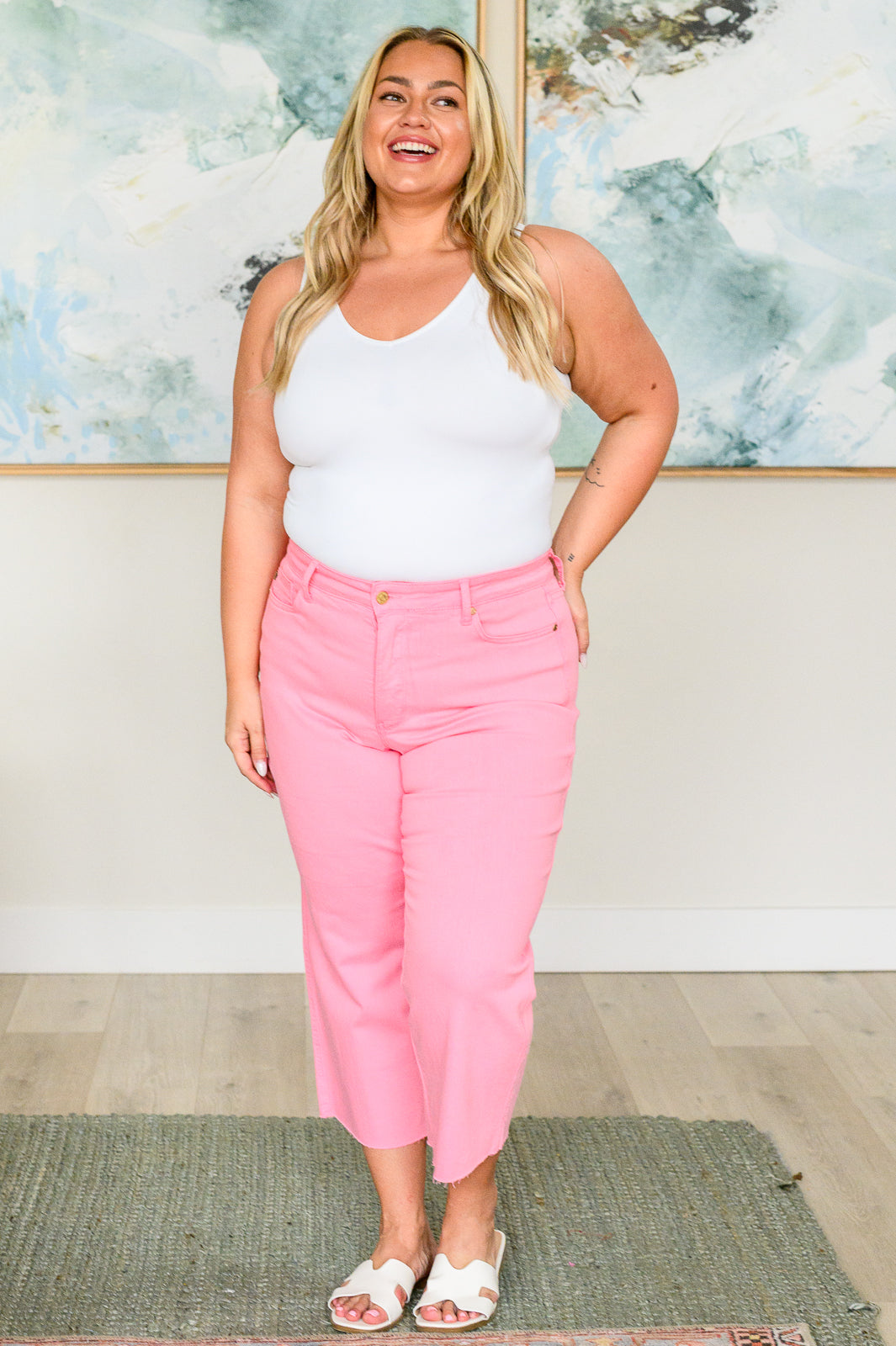 Lisa High Rise Control Top Wide Leg Crop Jeans in Pink (Judy Blue)