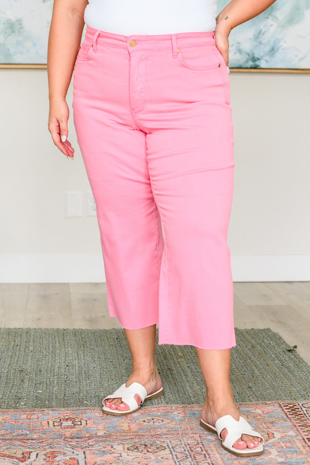 Lisa High Rise Control Top Wide Leg Crop Jeans in Pink (Judy Blue)