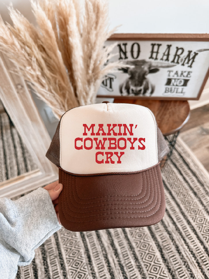 Makin' Cowboys Cry DTF Printed Brown & Tan Trucker Hat
