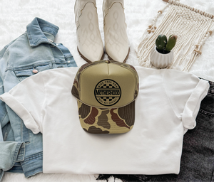 Mind Your Own Motherhood - Camo and Olive Foam Trucker Hat