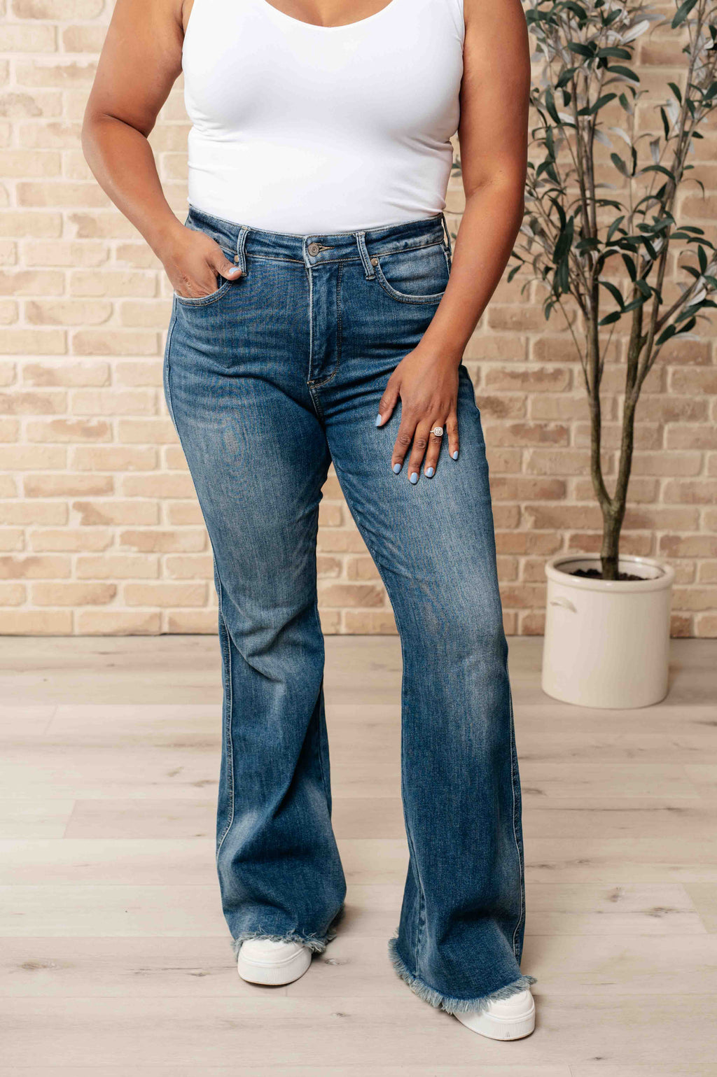 Miley High Waist Control Top Frayed Hem Flare Jeans (Judy Blue)