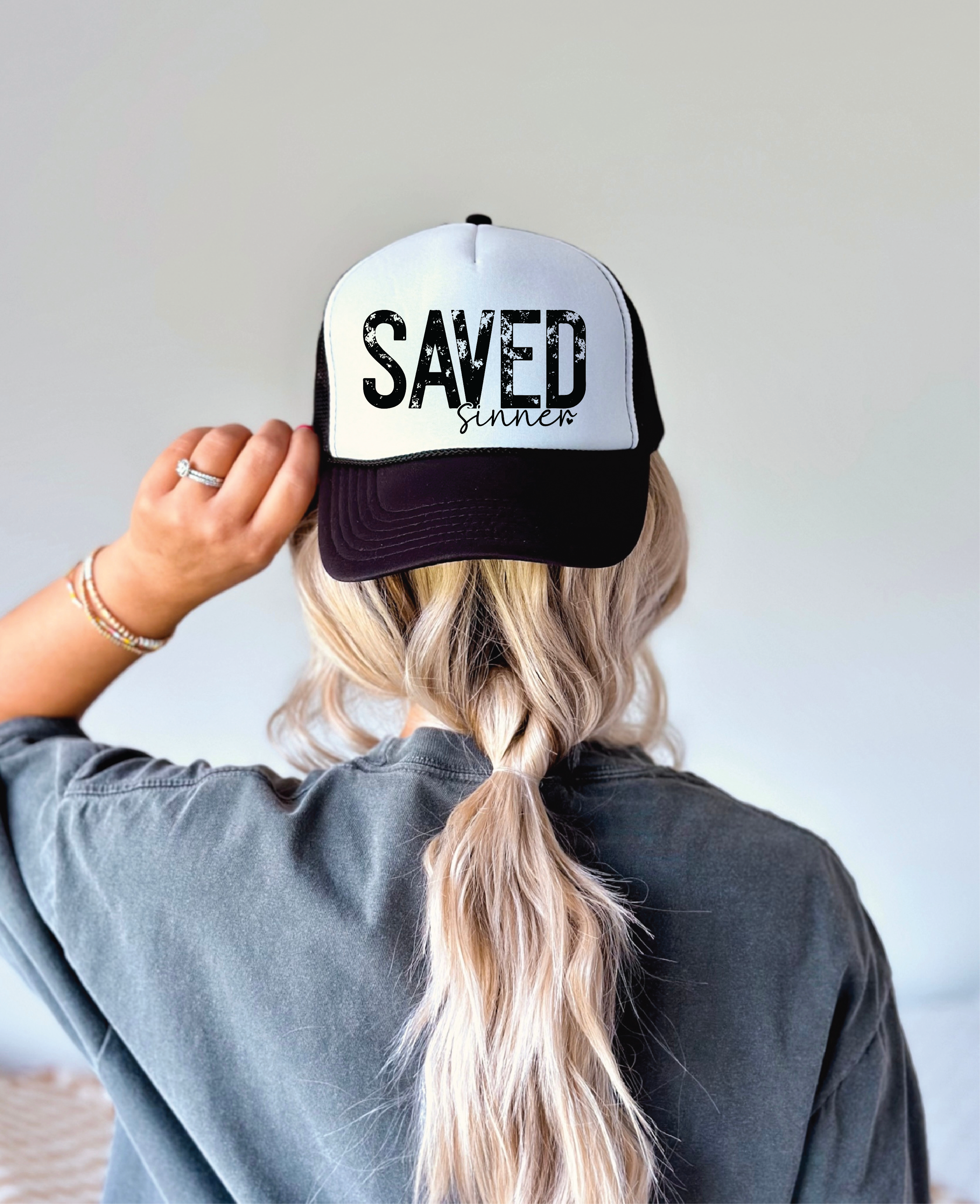 Saved Sinner Black and White Trucker Hat