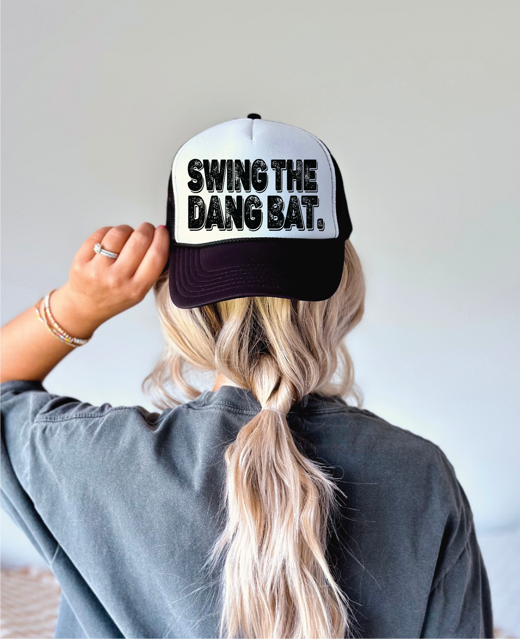 Swing The Dang Bat Black & White Foam Trucker Hat