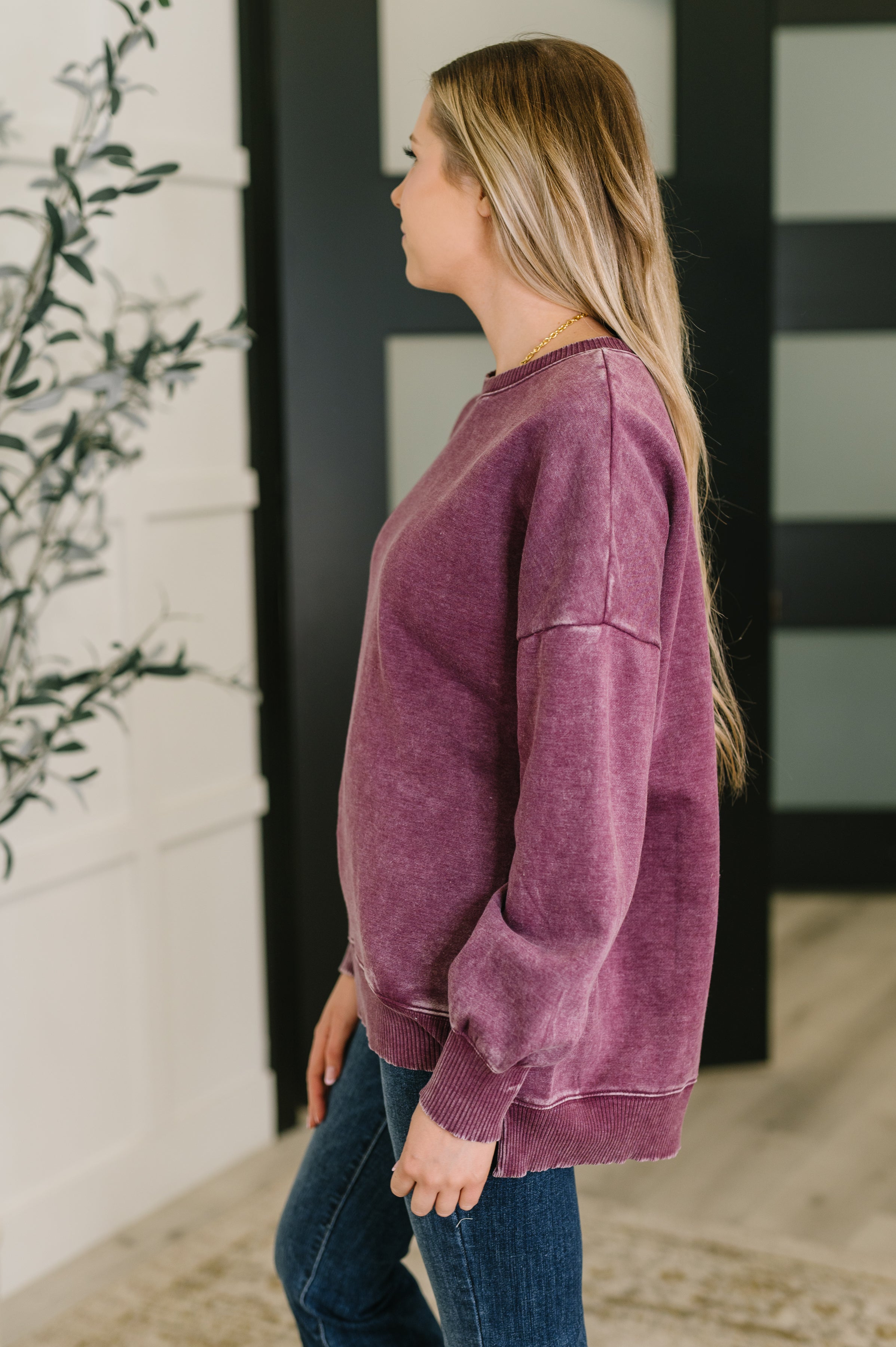 Safe and Secure Mineral Wash Pullover in Eggplant (Zenana)