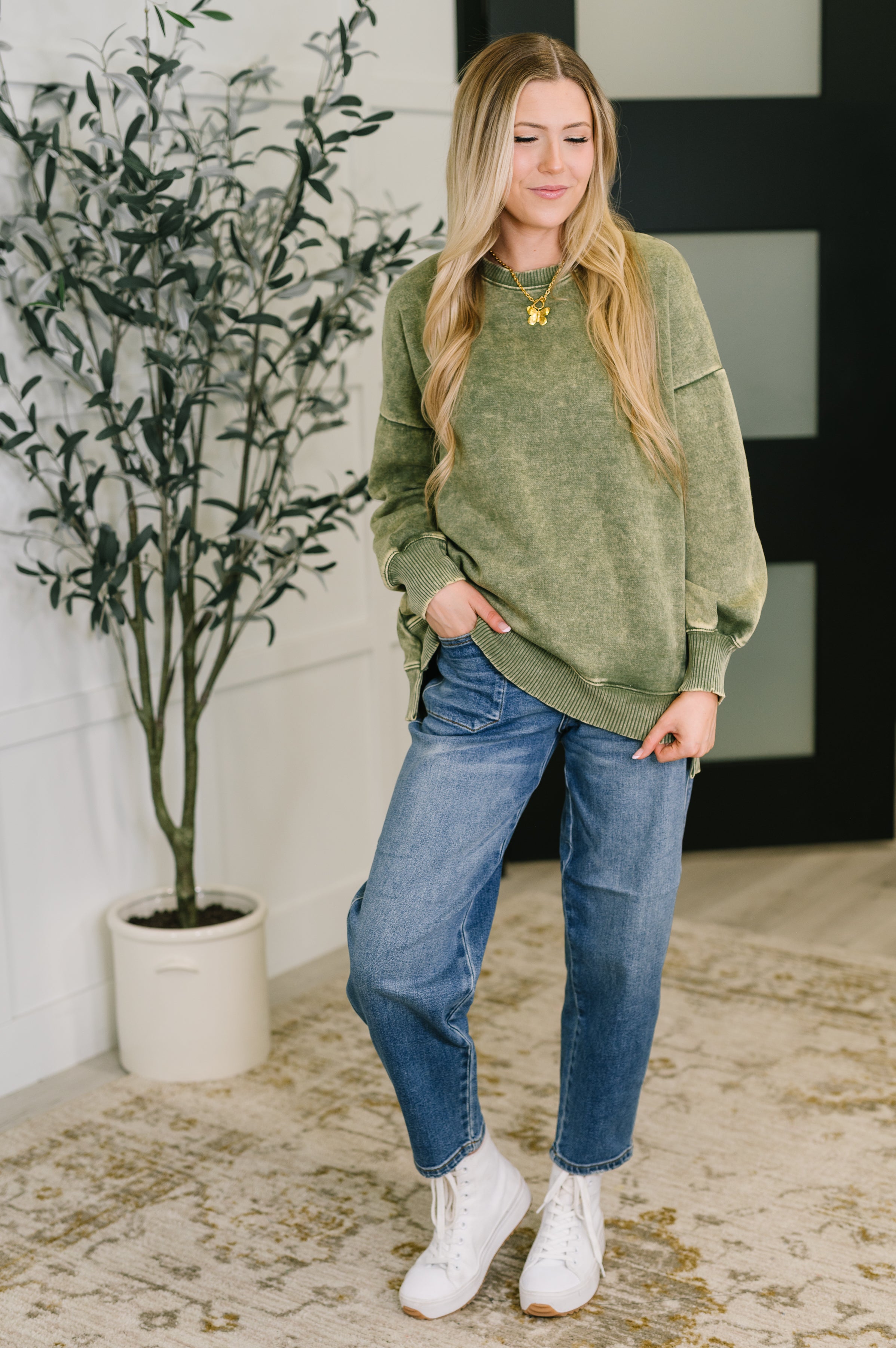 Safe and Secure Mineral Wash Pullover in Light Olive (Zenana)