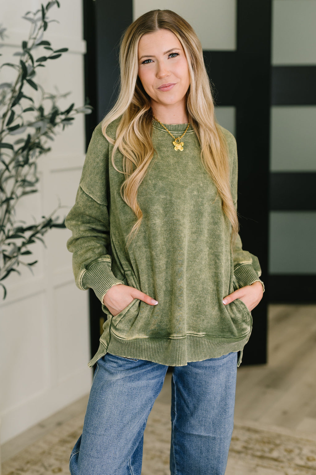 Safe and Secure Mineral Wash Pullover in Light Olive (Zenana)
