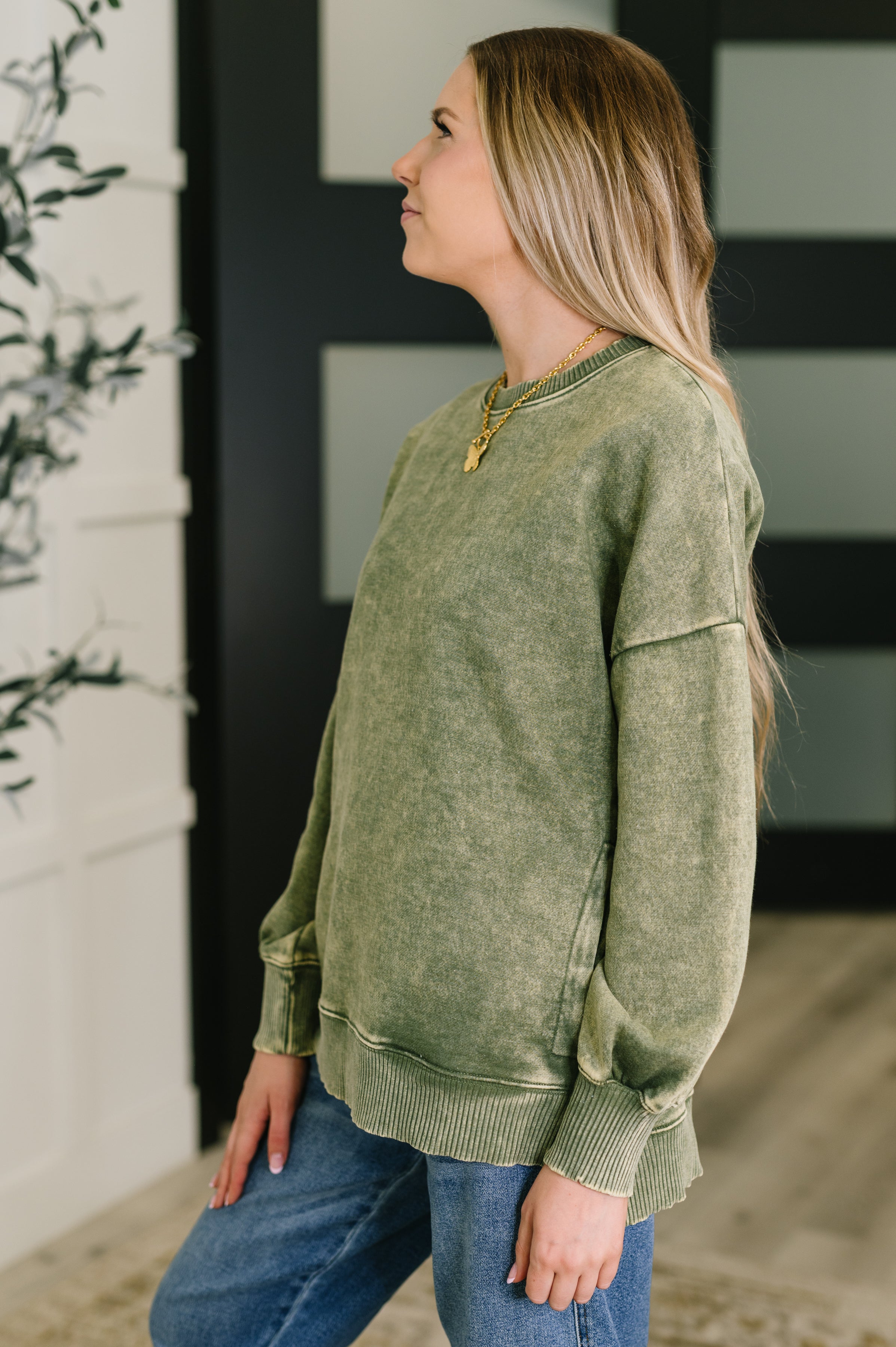 Safe and Secure Mineral Wash Pullover in Light Olive (Zenana)