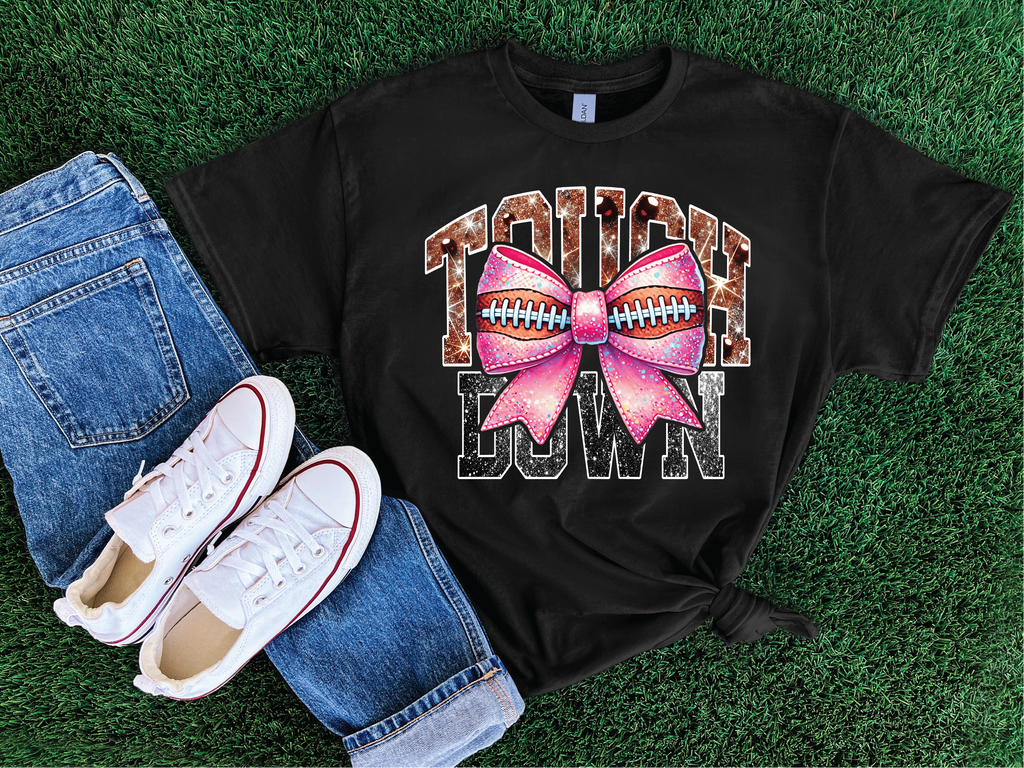 Touchdown Faux Glitter Bow- Football Graphic Tee