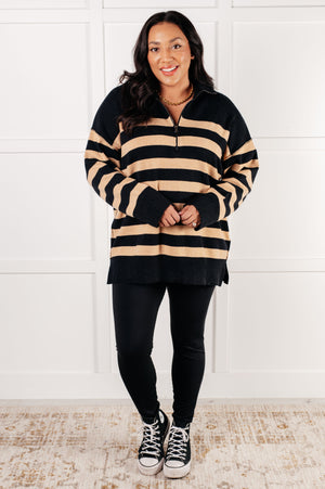 Well Situated Striped Quarter Zip Sweater in Black and Tan