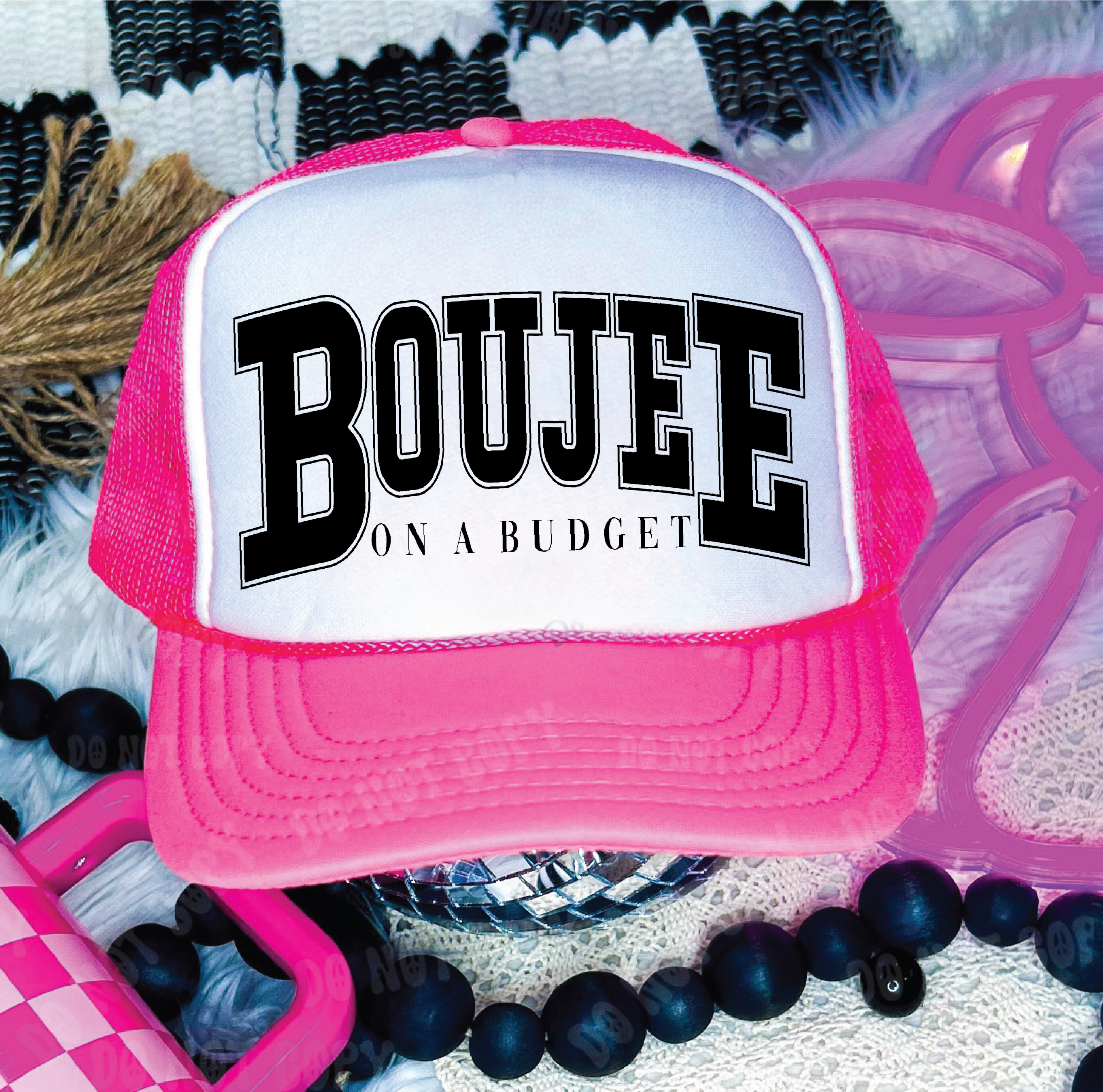 Boujee On A Budget Neon Pink and White Trucker Hat