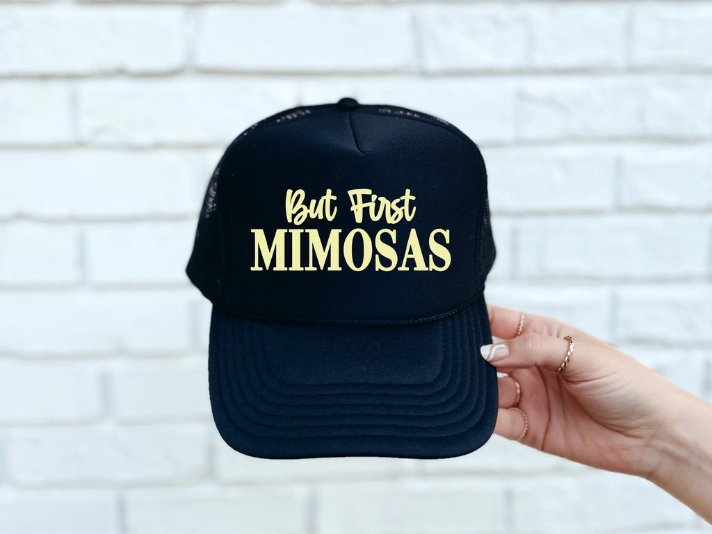 But First Mimosas DTF Printed Trucker Hat