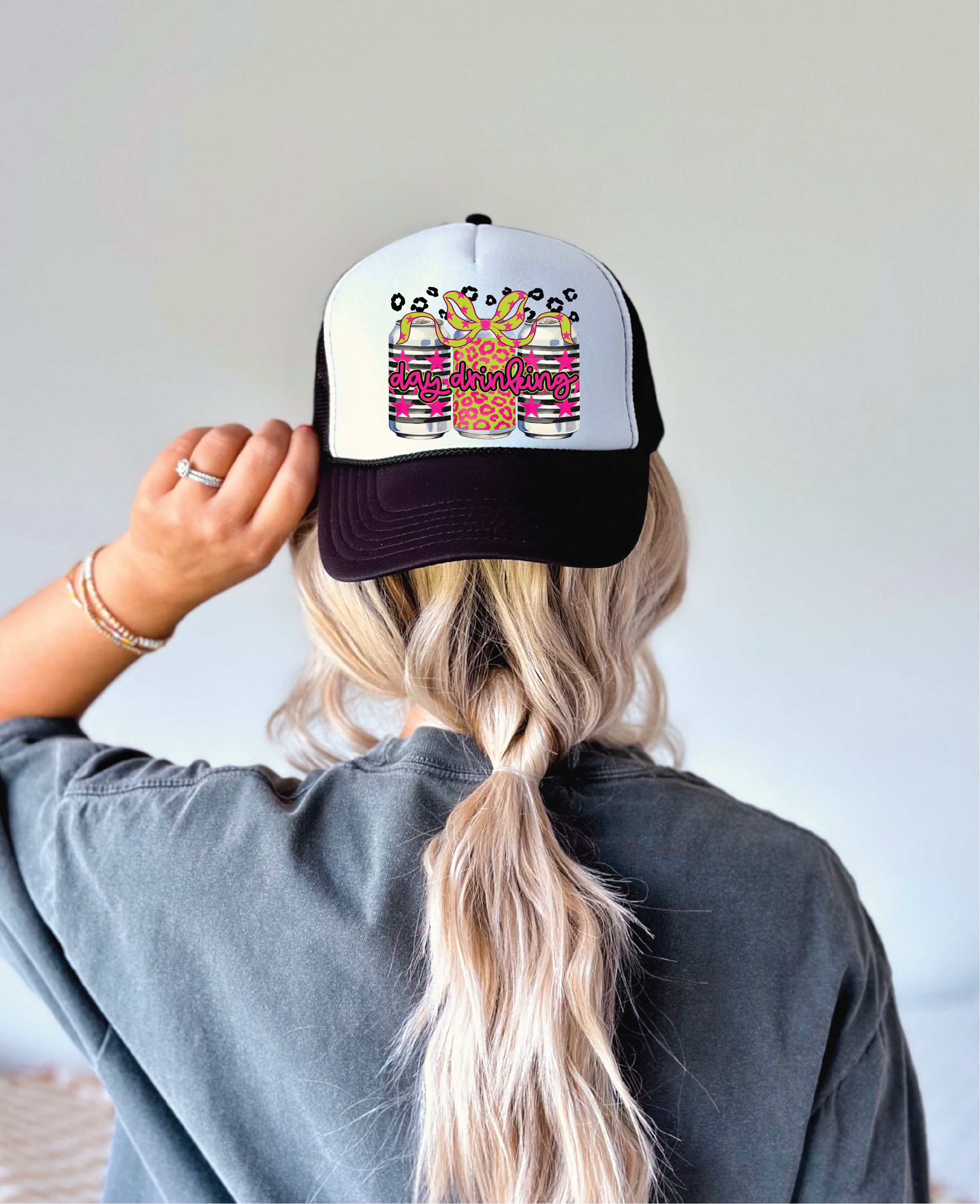 Day Drinkin Leopard Black and White Trucker Hat